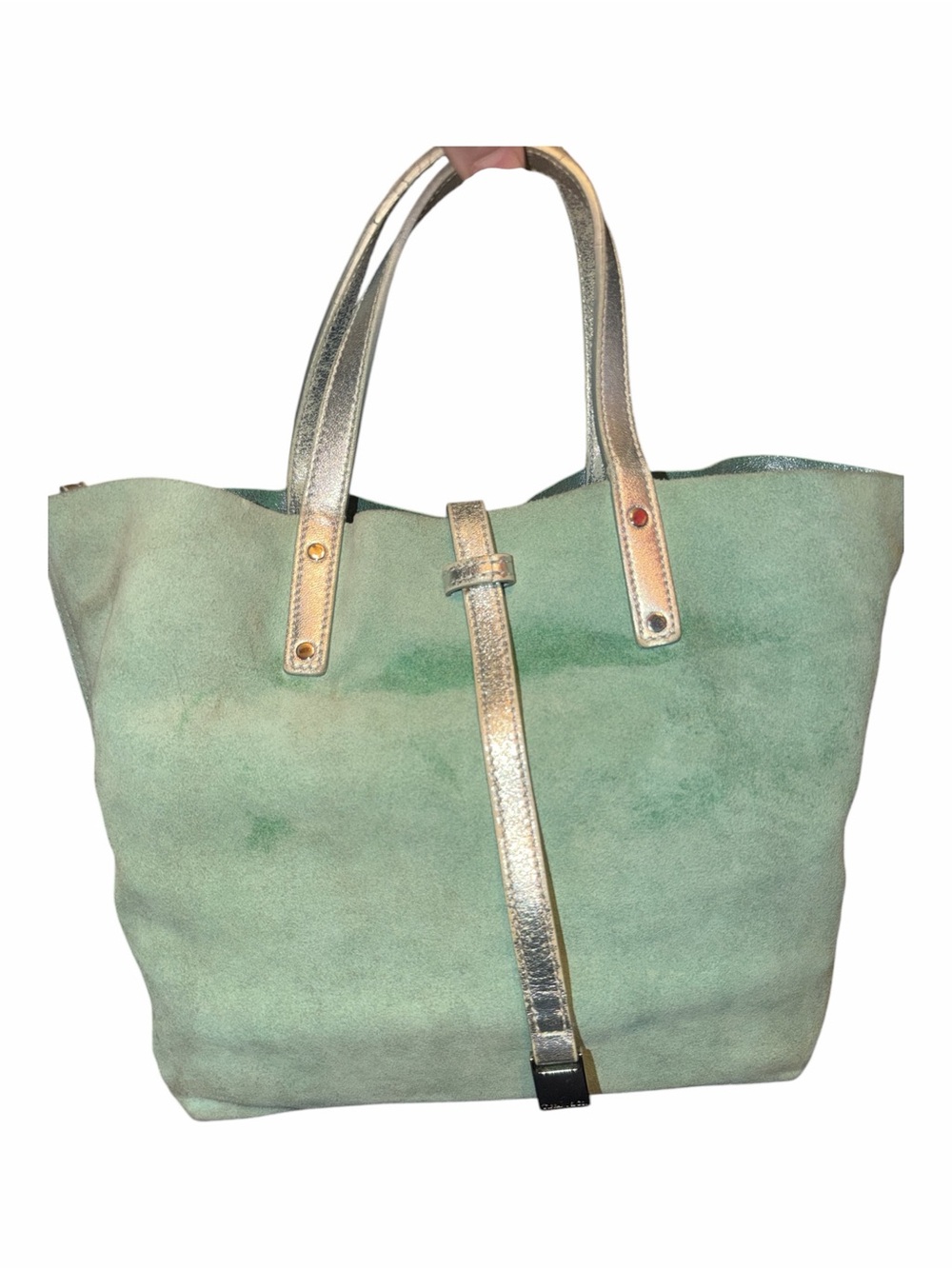 Tiffany & Co. Reversible Mint Green Suede Tote with Metallic Gold Handles